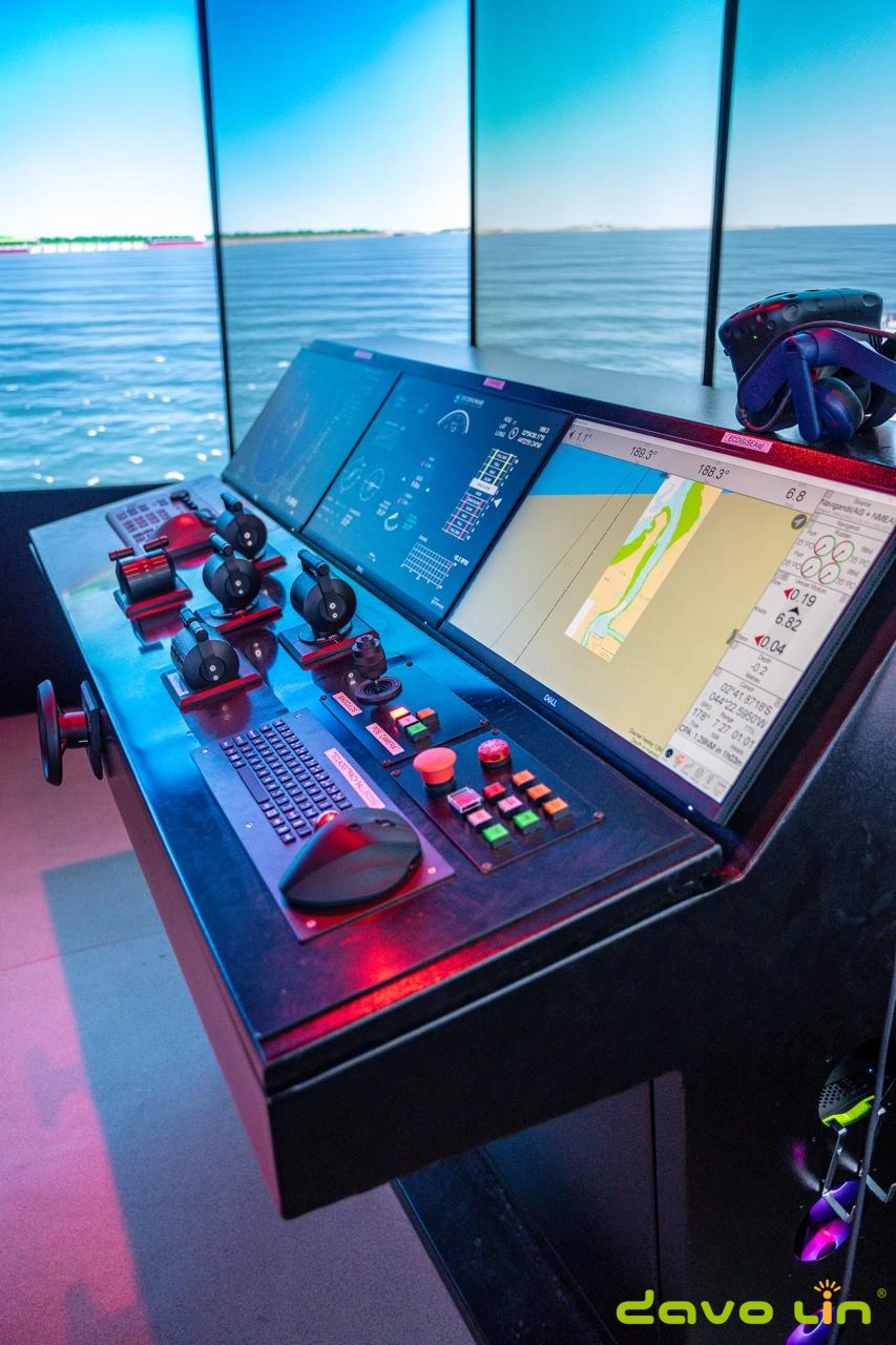 Keyboard and trackball positioned within a ship bridge simulator workstation