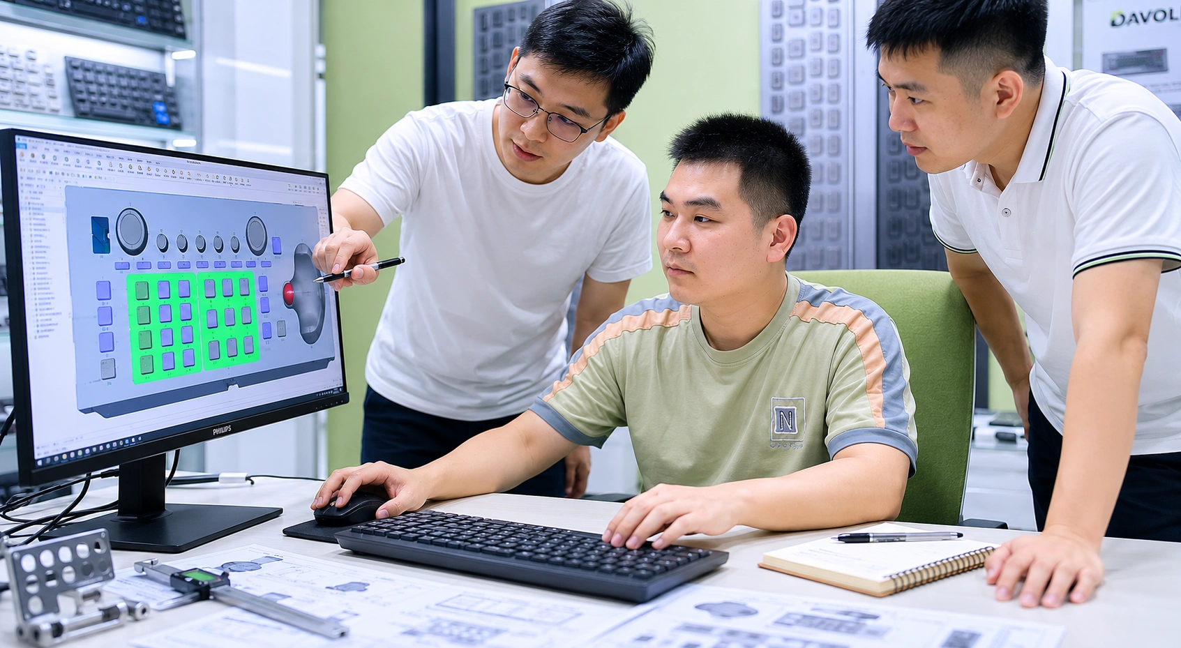 DAVOLIN engineering team reviewing a custom marine keyboard 3D design